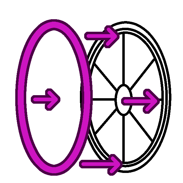 A black and white drawing of a wheelchair wheel, with a thick pink ring and arrows connecting it to the push rim.